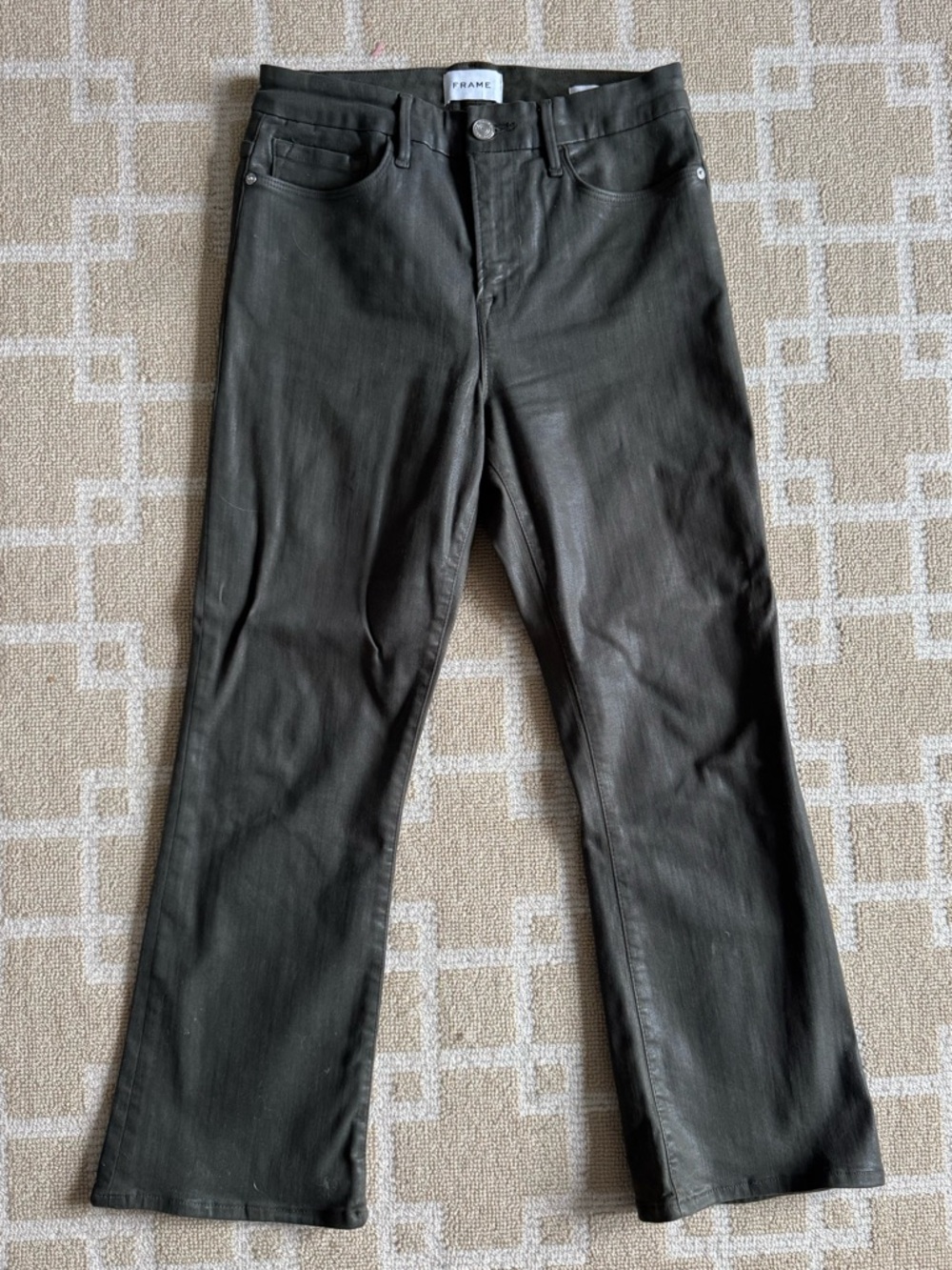 FRAME Le Crop Mini Boot Coated Jeans Olive Green Leather Look Size 29 - Picture 11 of 11